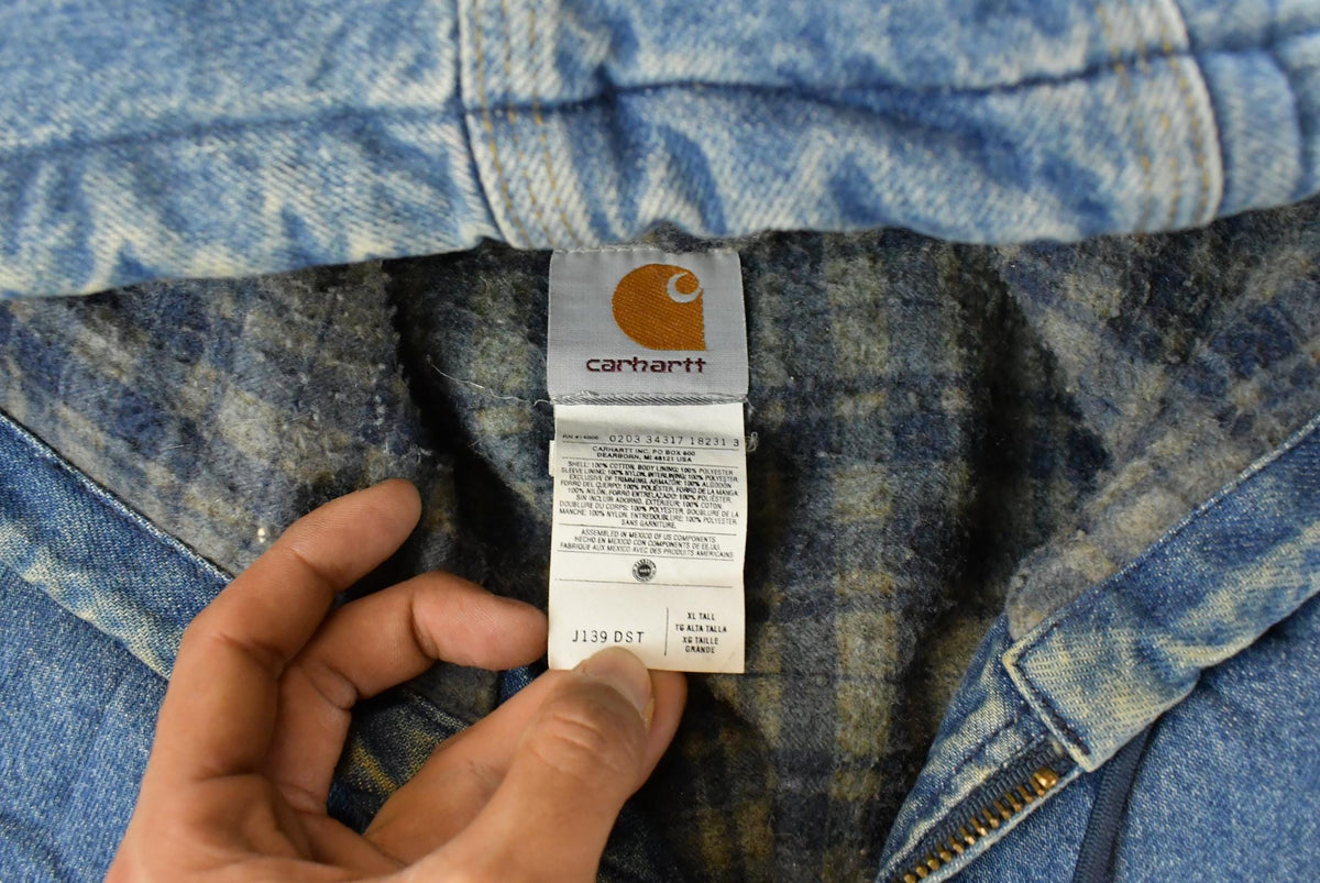 Vintage 1990s Carhartt Denim Flannel Lined Hooded Jacket Men's XL Tall