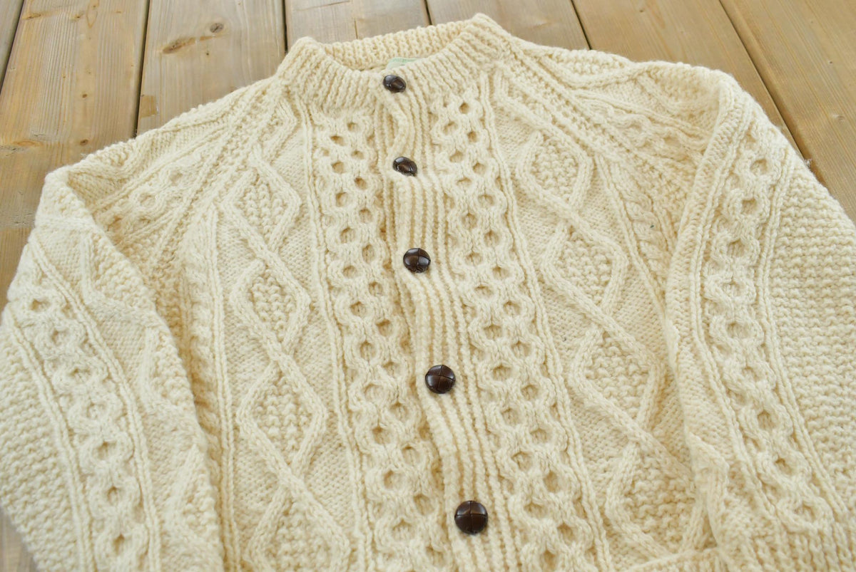 Vintage 1980s Alana Wool Cable Knit Button Up Cardigan Sweater Women's S