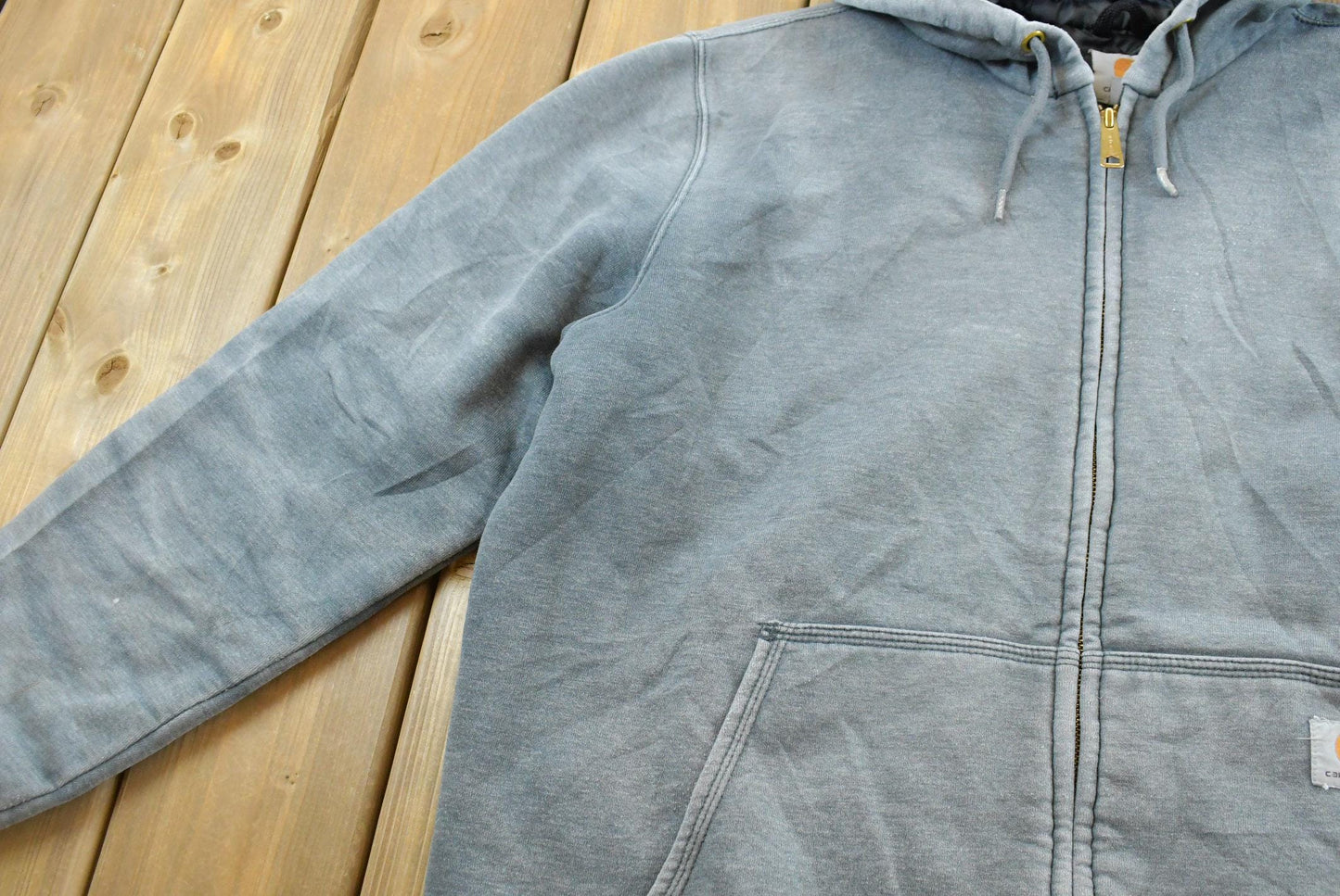 Vintage 1990s Faded Carhartt Full Zip Quilted Lined Hoodie Jacket Sweatshirt Men's XL / 90s Workwear / Heavyweight / Rain Defender
