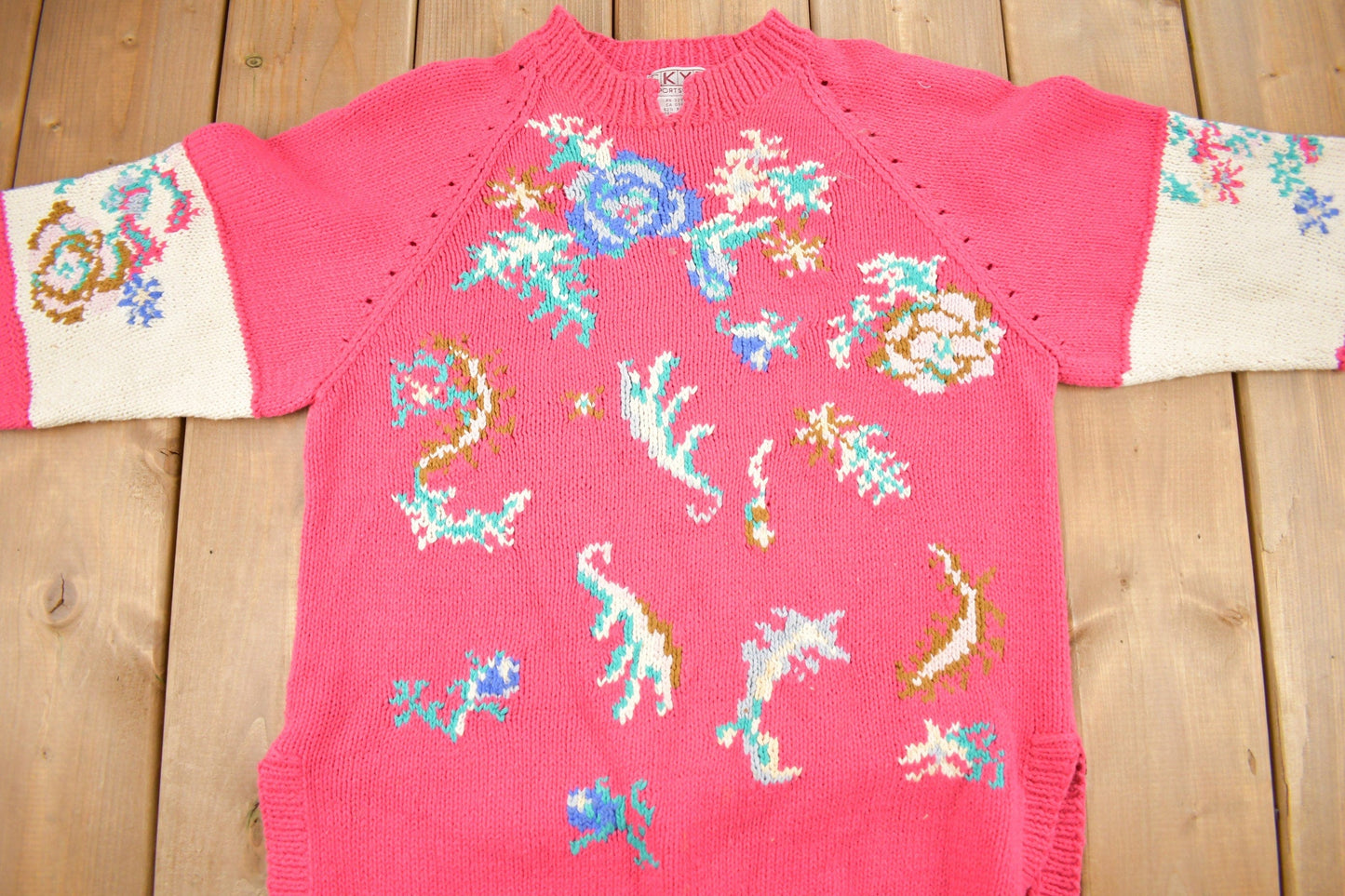 Vintage 1990s Skyr Sportswear Floral Knit Sweater Men's Medium