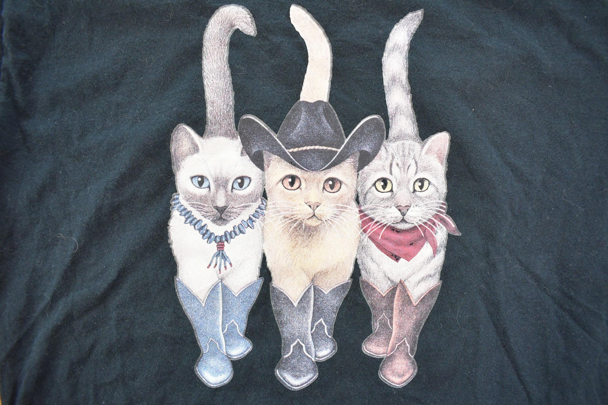 Vintage 2000s Cute Cowboy Cats Double Sided Graphic T-Shirt Men's L