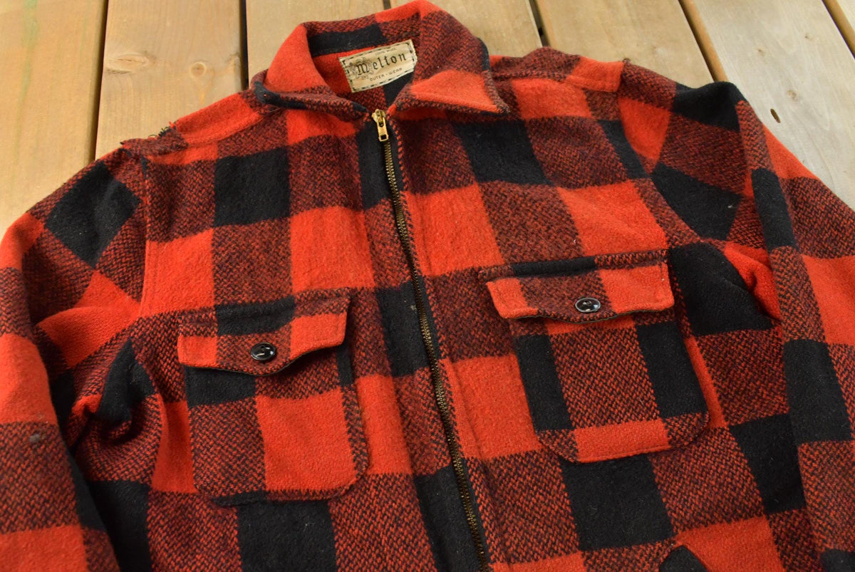 Vintage 1950s Melton Outer-Wear Full Zip Buffalo Plaid Wool Hunting Shacket Mens M