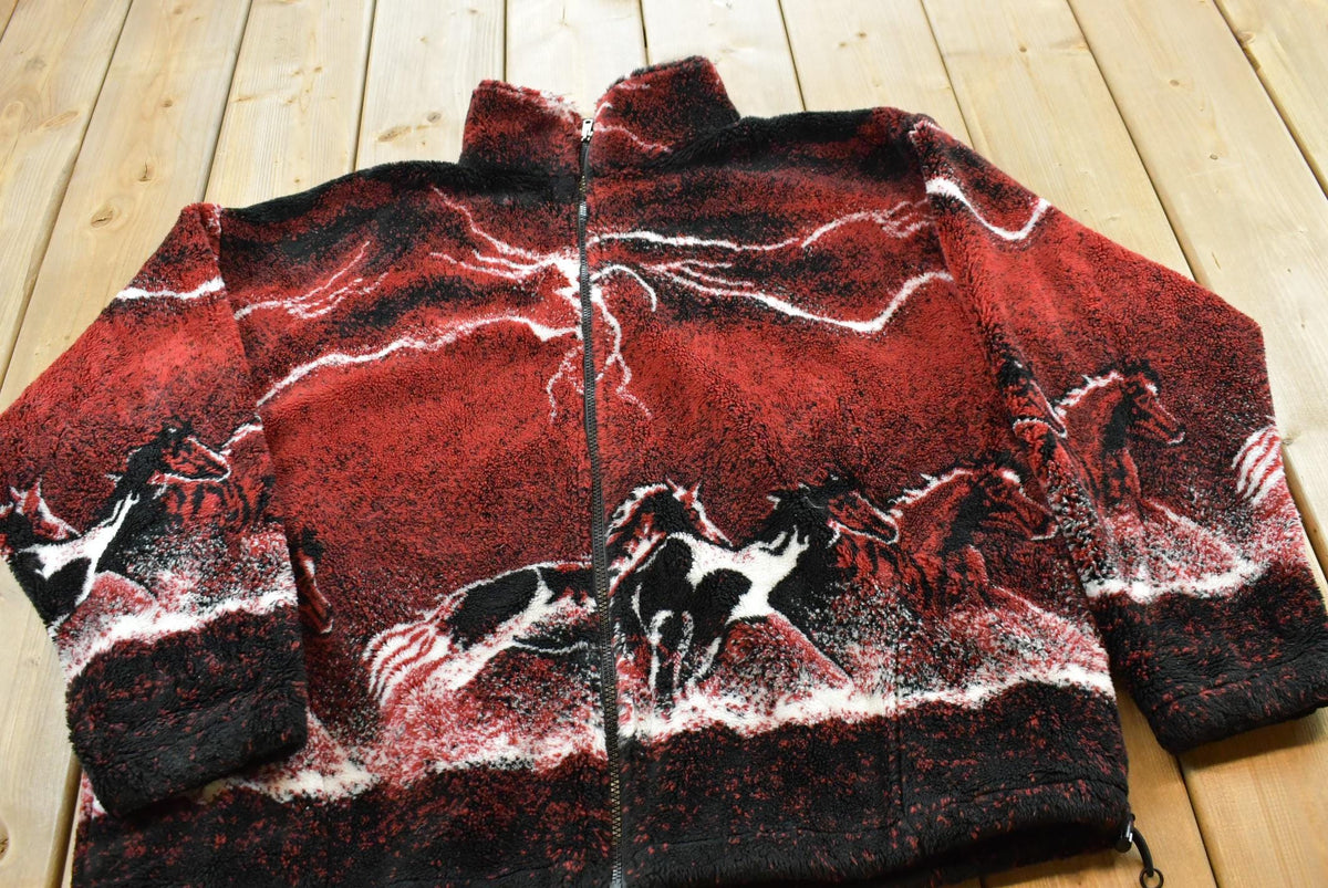 Vintage 1990s Isle Bay Horse Animals Graphic All Over Print Zip Up Fleece Sweater Men's XL