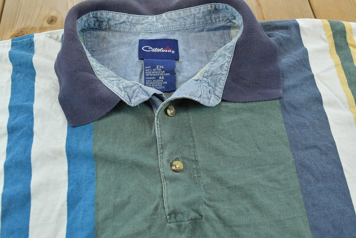 Vintage 1990s Catalina Striped Long Sleeve Polo Shirt Men's 2XL