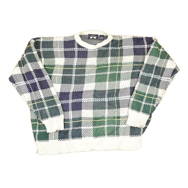 Vintage 1990s Woods And Gray Plaid Knit Crewneck Sweater Men's XL