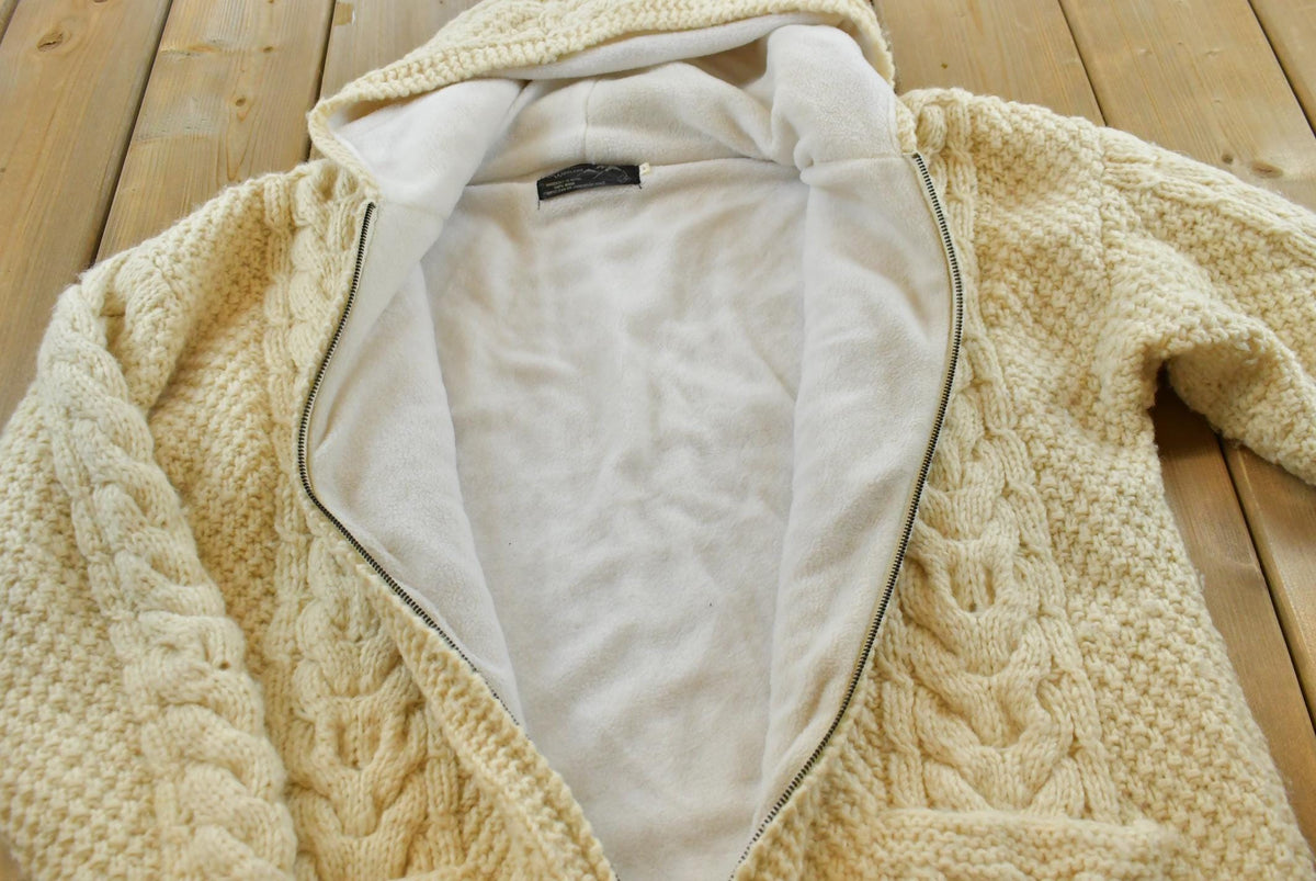 Vintage 1990s Great Northern Woolens 3D Cable Knit Hand Made Zip Up Fleece Lined Hoodie Sweatshirt Men's L