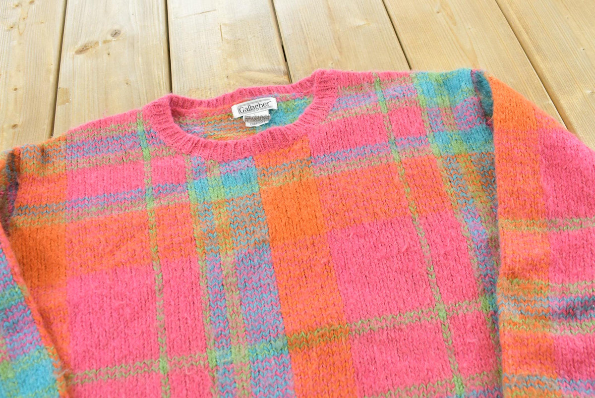 Vintage 1990s Gallagher Plaid Mohair Blend Knit Crewneck Sweater Women's L