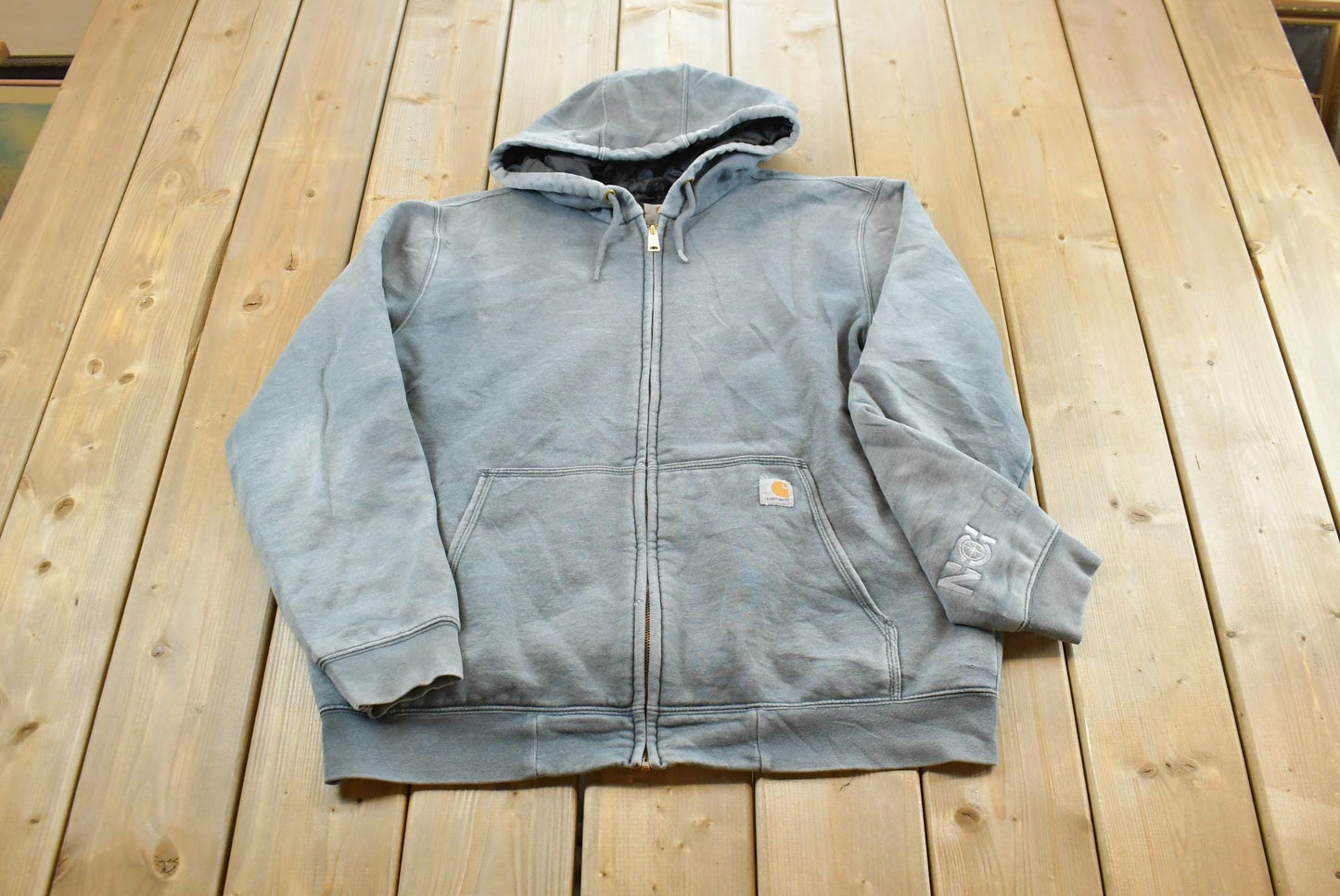 Vintage 1990s Faded Carhartt Full Zip Quilted Lined Hoodie Jacket Sweatshirt Men's XL / 90s Workwear / Heavyweight / Rain Defender