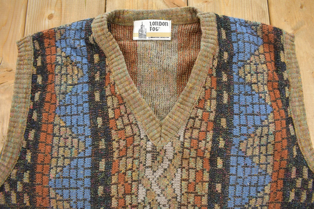 Vintage 1990s London Fog Fair Isle Knit V-Neck Pullover Sweater Men's L