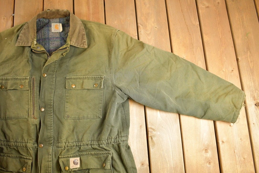Carhartt Clothing > Gender Neutral Adult Clothing > Jackets & Coats Vintage 1980s Army Green Carhartt Chore Coat Jacket Men's XL