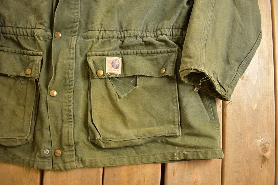 Carhartt Clothing > Gender Neutral Adult Clothing > Jackets & Coats Vintage 1980s Army Green Carhartt Chore Coat Jacket Men's XL