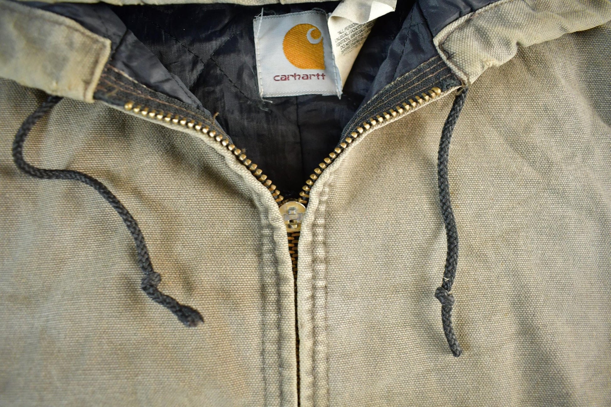 Carhartt Clothing > Gender Neutral Adult Clothing > Jackets & Coats Vintage 1980s Carhartt Sun Faded Distressed Canvas Hooded Work Jacket Men's Large