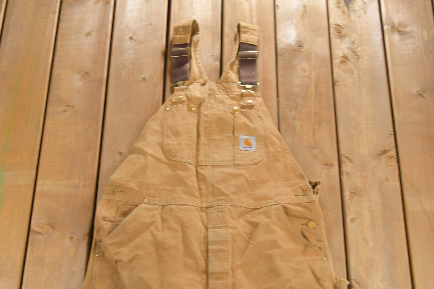 Carhartt Clothing > Gender Neutral Adult Clothing > Overalls & Coveralls Vintage 1980s Carhartt Beige Canvas Double Knee Overalls Men's 38 x 36