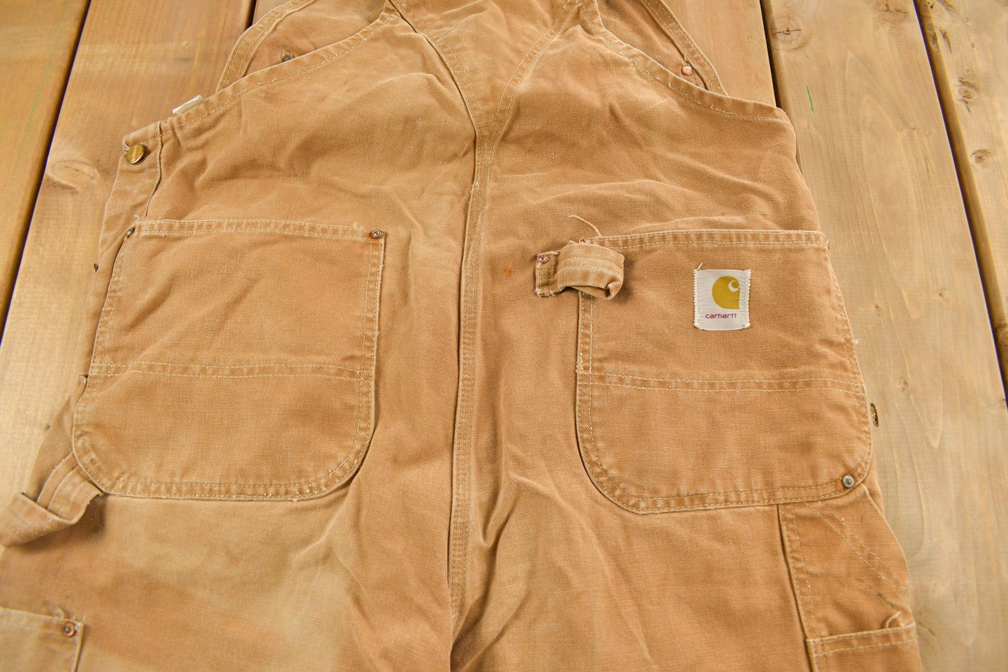 Carhartt Clothing > Gender Neutral Adult Clothing > Overalls & Coveralls Vintage 1980s Carhartt Beige Canvas Double Knee Overalls Men's 40 x 26
