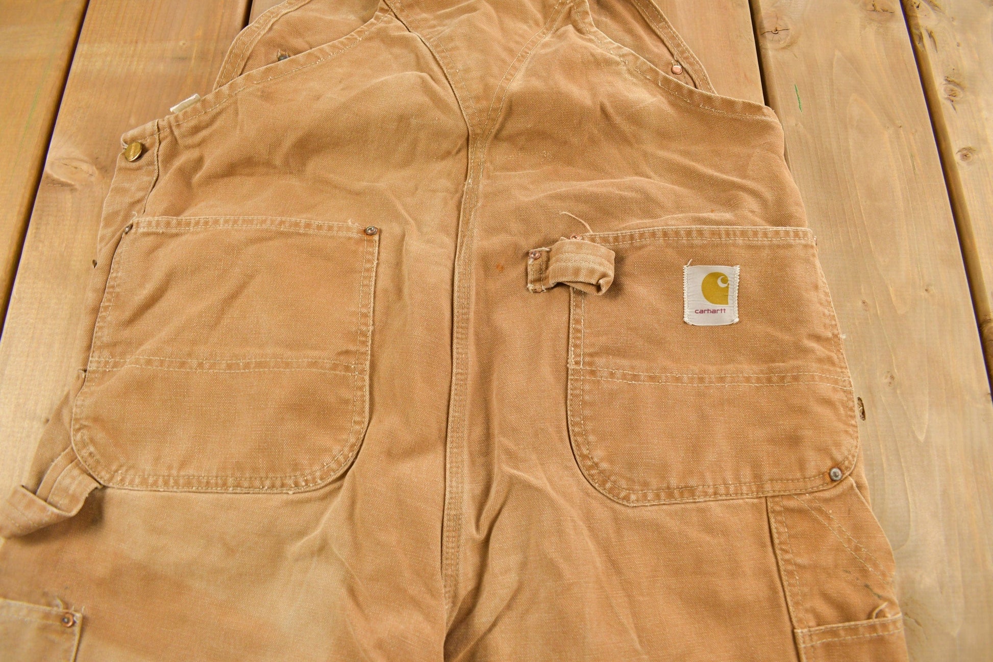 Carhartt Clothing > Gender Neutral Adult Clothing > Overalls & Coveralls Vintage 1980s Carhartt Beige Canvas Double Knee Overalls Men's 40 x 26