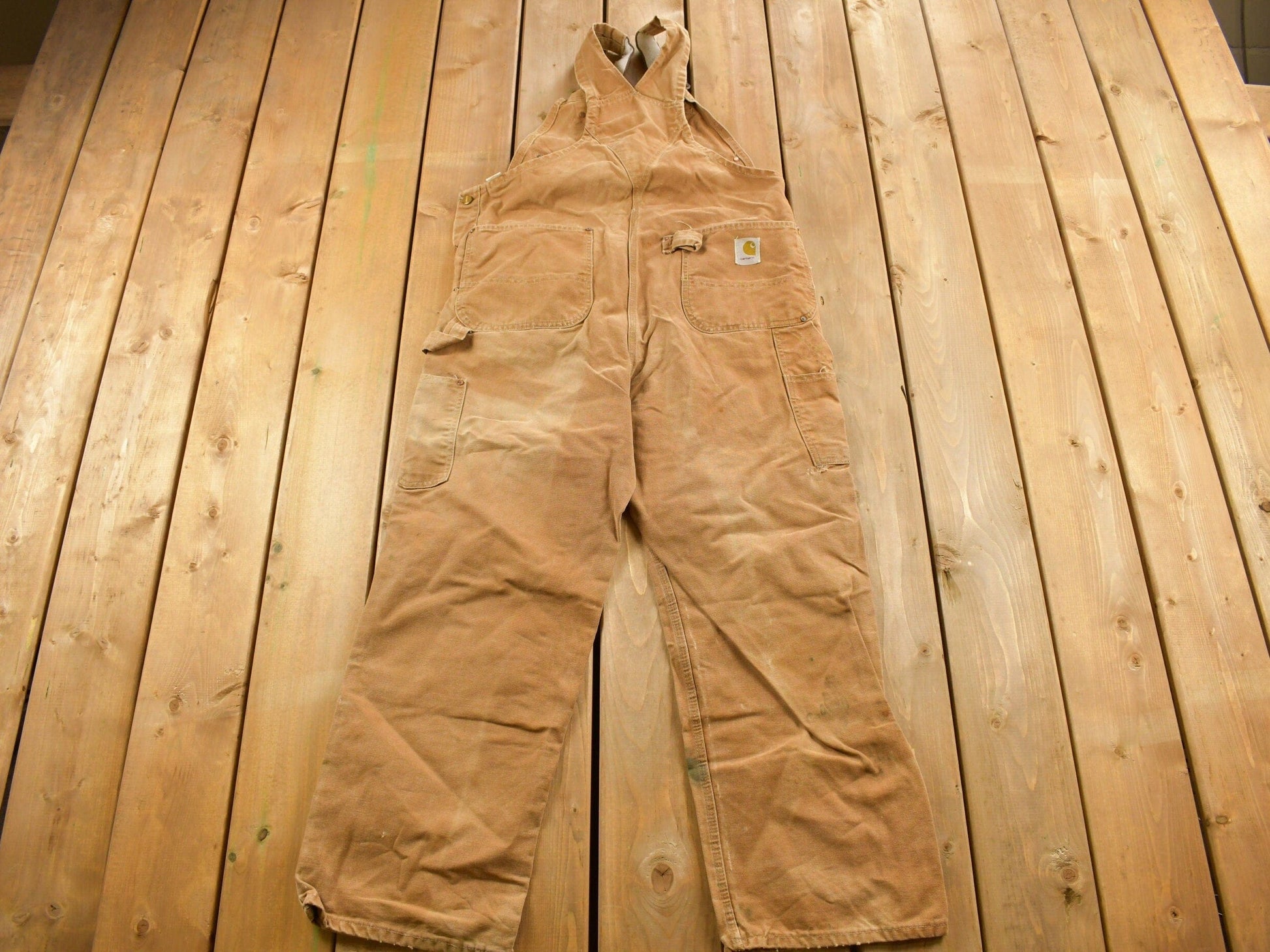 Carhartt Clothing > Gender Neutral Adult Clothing > Overalls & Coveralls Vintage 1980s Carhartt Beige Canvas Double Knee Overalls Men's 40 x 26