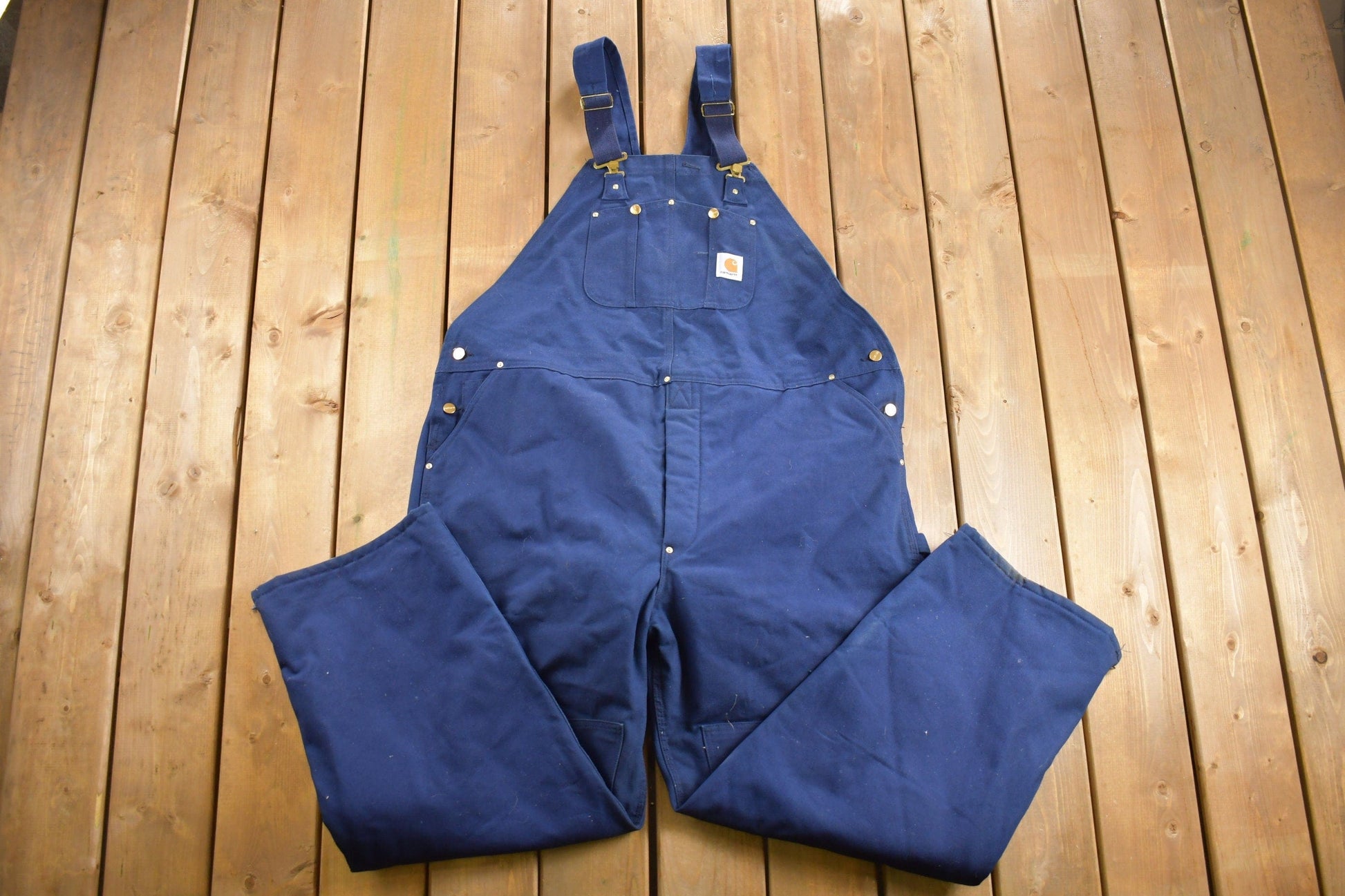 Carhartt Clothing > Gender Neutral Adult Clothing > Overalls & Coveralls Vintage 1980s Carhartt Blue Canvas Double Knee Overalls Men's 50 x 31