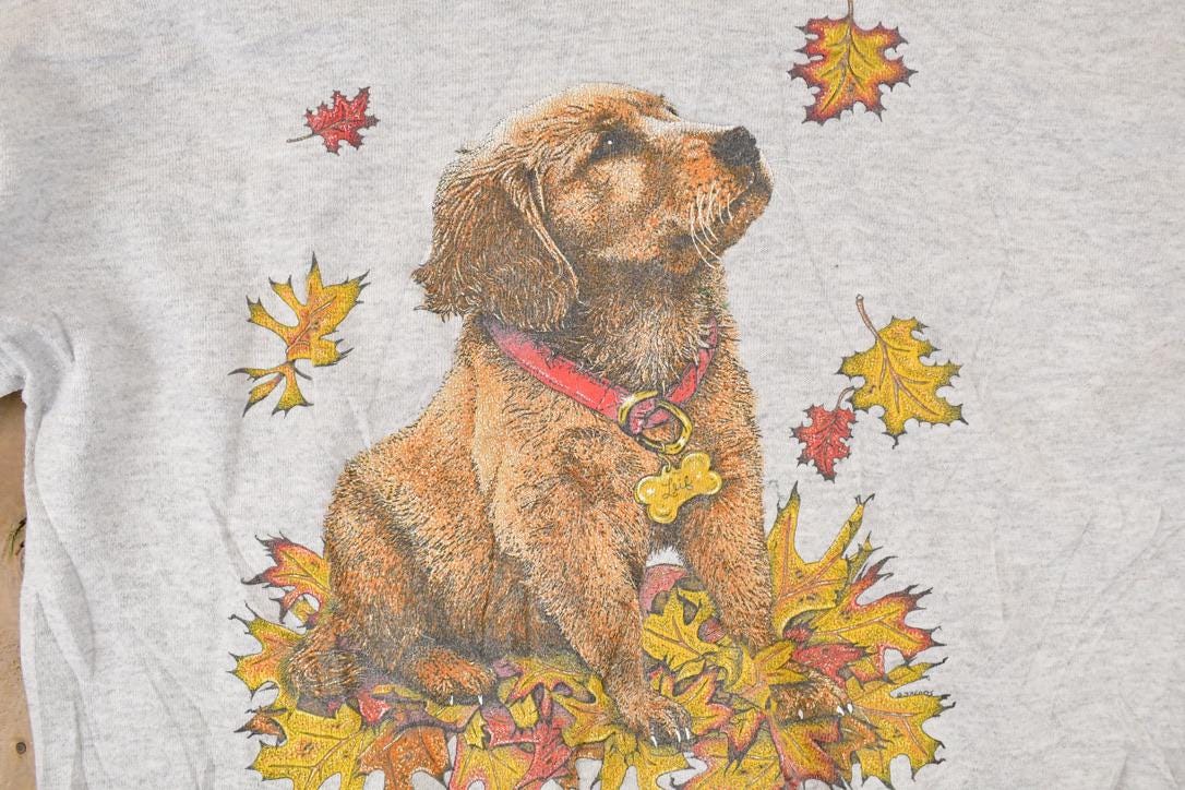 Vintage 1990s Golden Retriever Fall Puppy Graphic Print Crewneck Sweatshirt Womens L