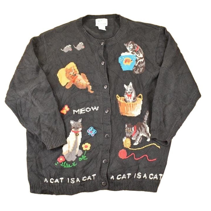 Vintage 1990s The Quacker Factory AOP Embroidered Cat Knit Cardigan Sweater Women's XL
