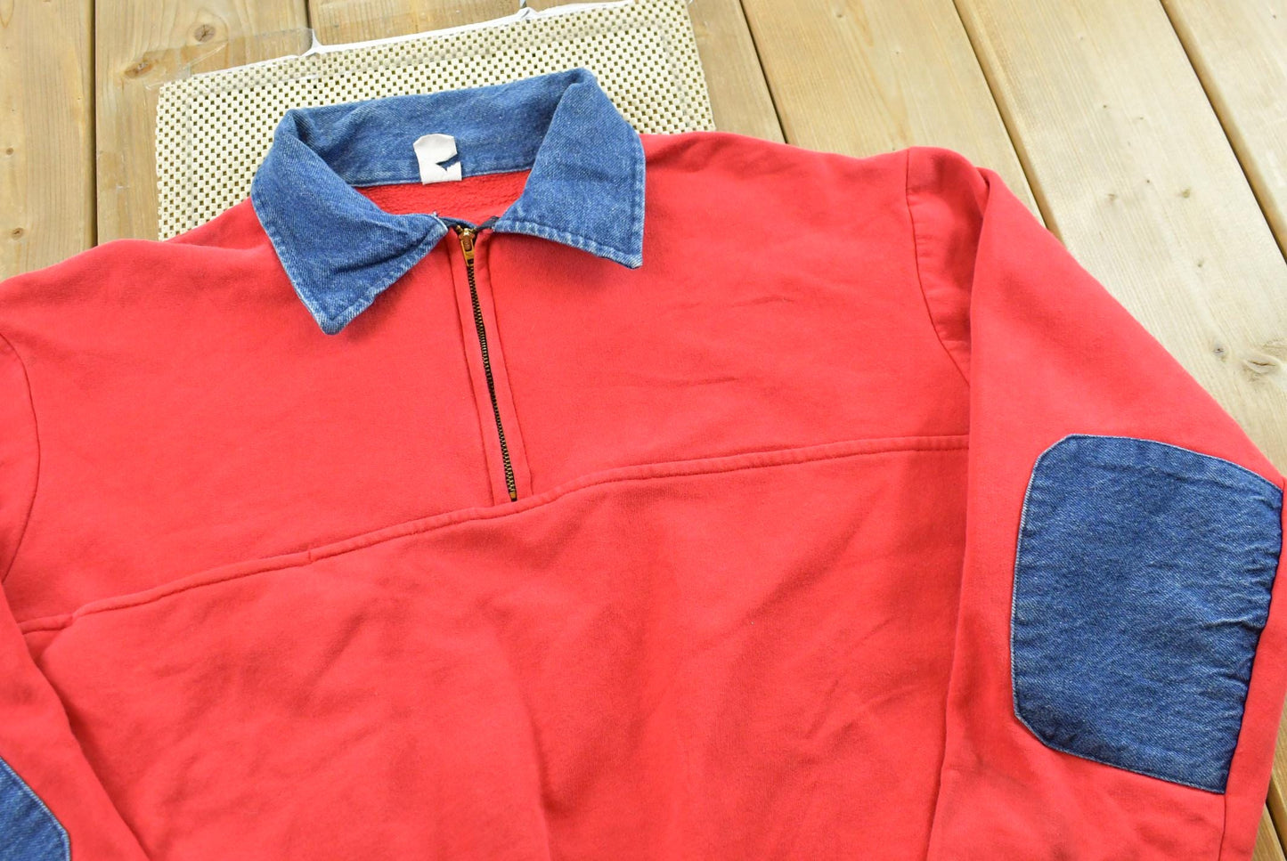 True Vintage 1970s Quarter Zip Denim Accents Collared Sweatshirt Men's XL