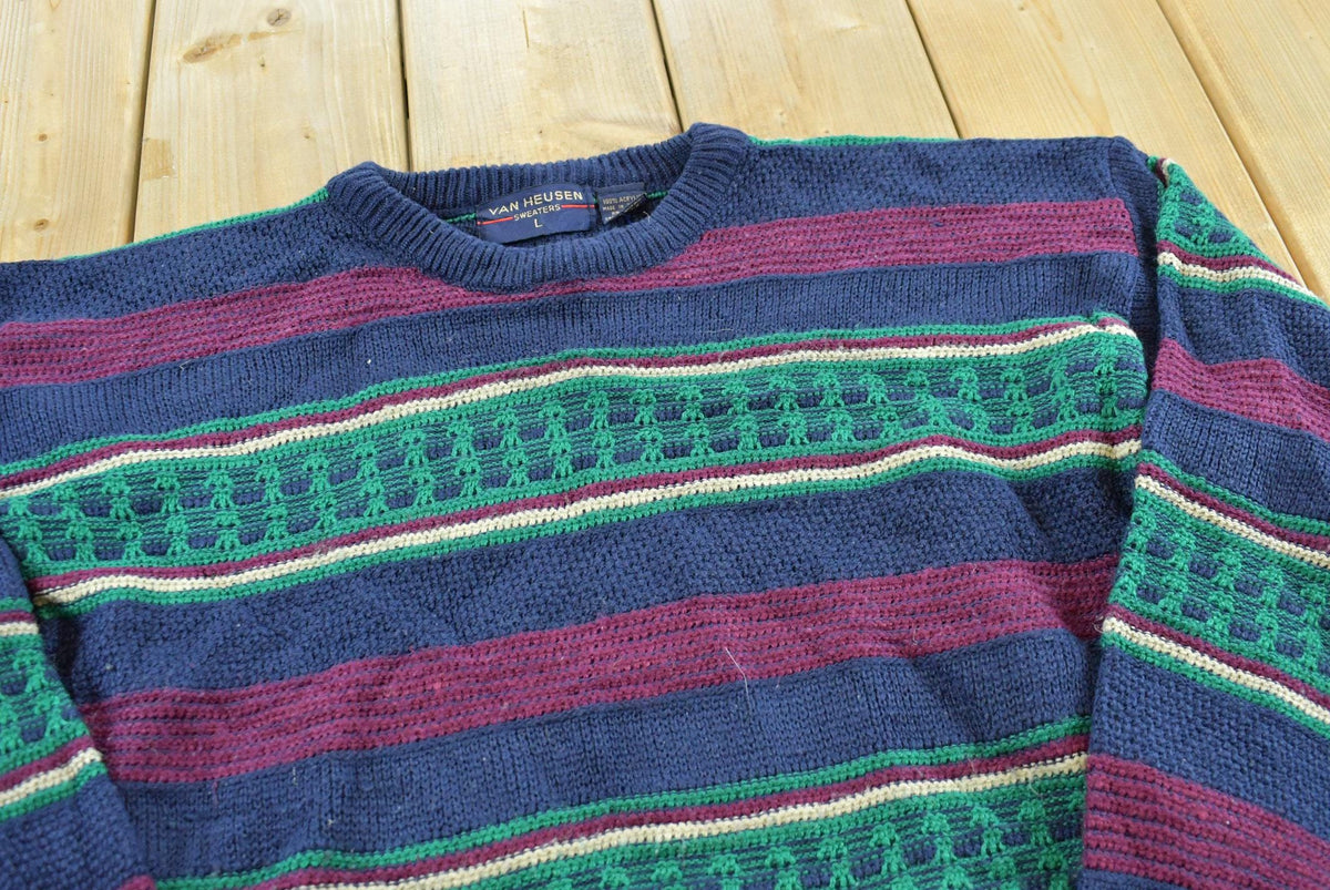 Vintage 1990s Van Heusen Acrylic Knit Striped Crewneck Sweater Men's M