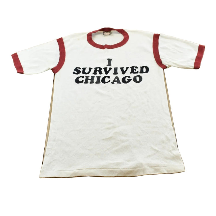 Vintage 1980s I Survived Chicago Funny Parody Souvenir Ringer T-Shirt Men's S
