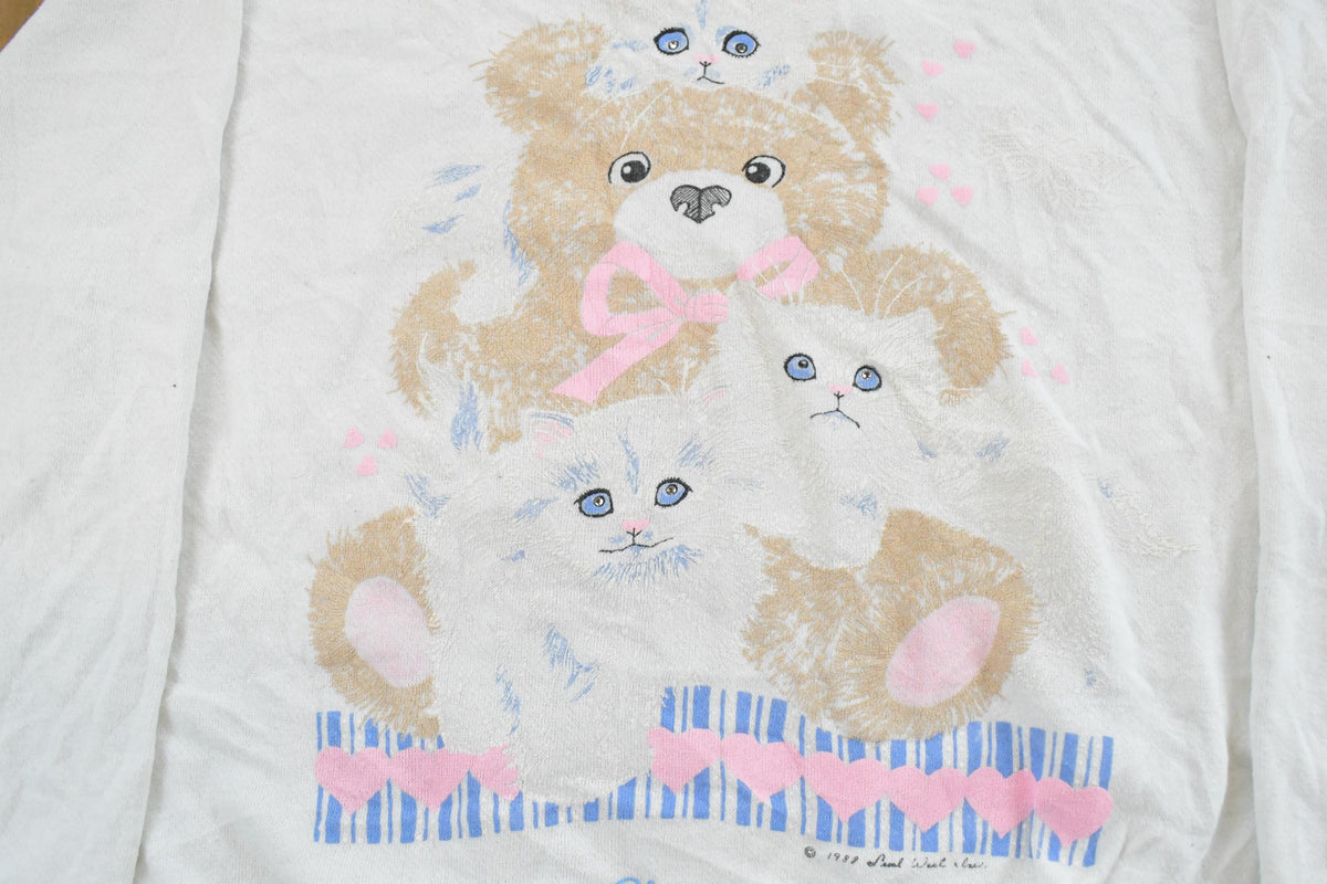Vintage 1980s Cute Cat Teddy Bear Graphic Crewneck Sweatshirt Women's L / Made In USA / 80s Cartoon Kitten Sweater