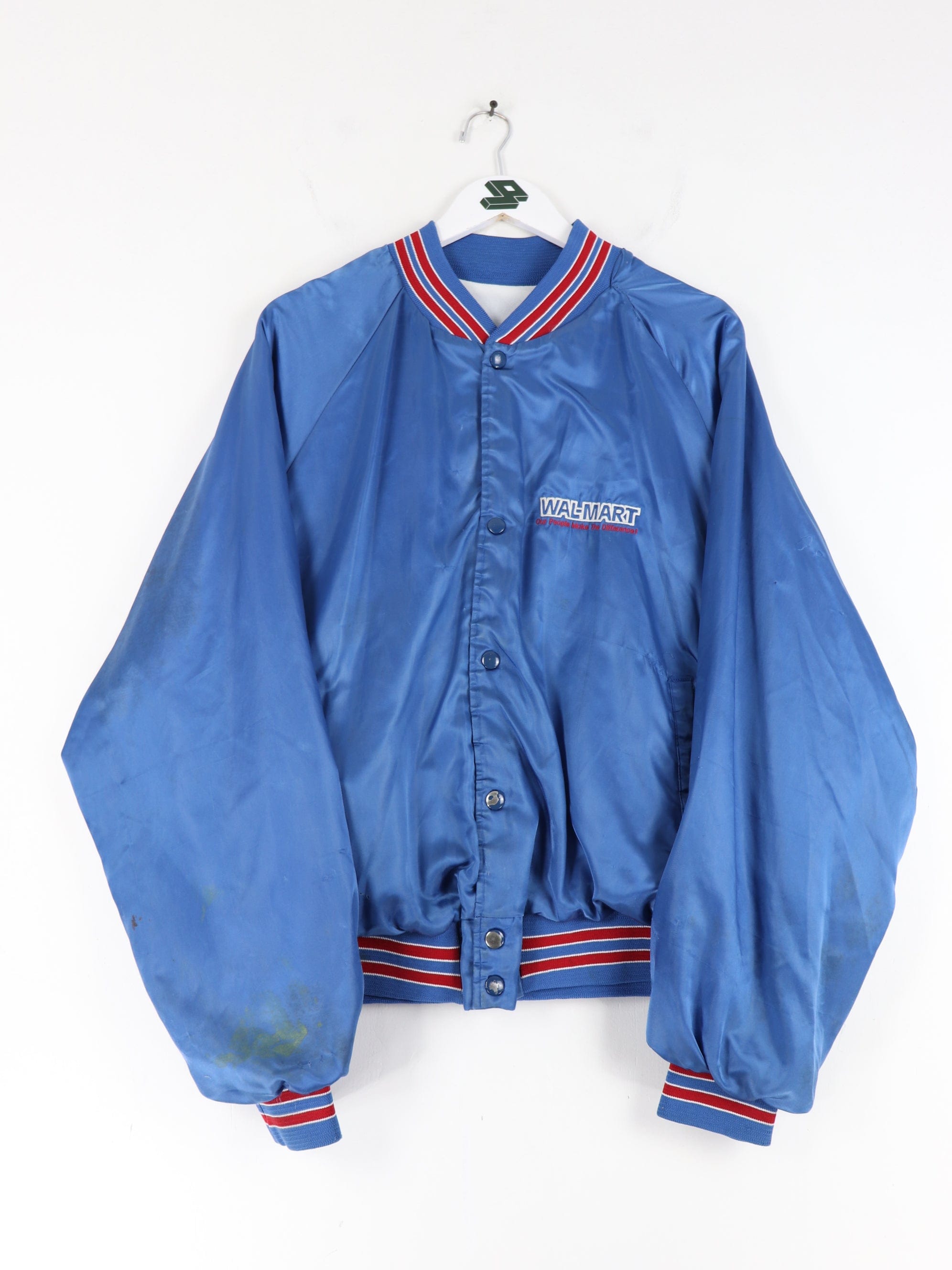 Vintage Wal Mart Jacket Mens XL Blue Chalk Line Satin Bomber