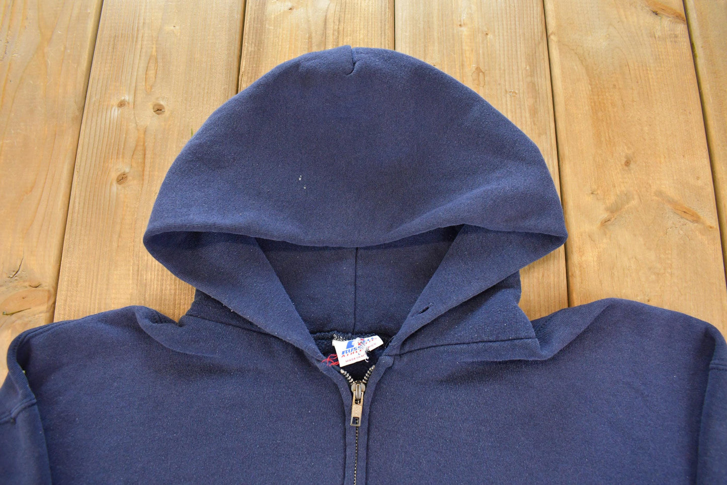 Vintage 1990s Russell Athletics Blank Navy Blue Full Zip Hoodie Sweatshirt Men's L
