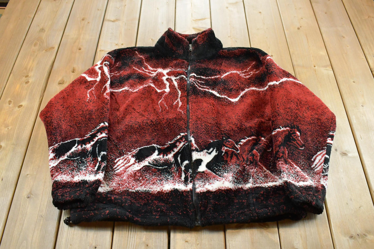 Vintage 1990s Isle Bay Horse Animals Graphic All Over Print Zip Up Fleece Sweater Men's Large / 90s Fleece / Outdoors / Made in USA