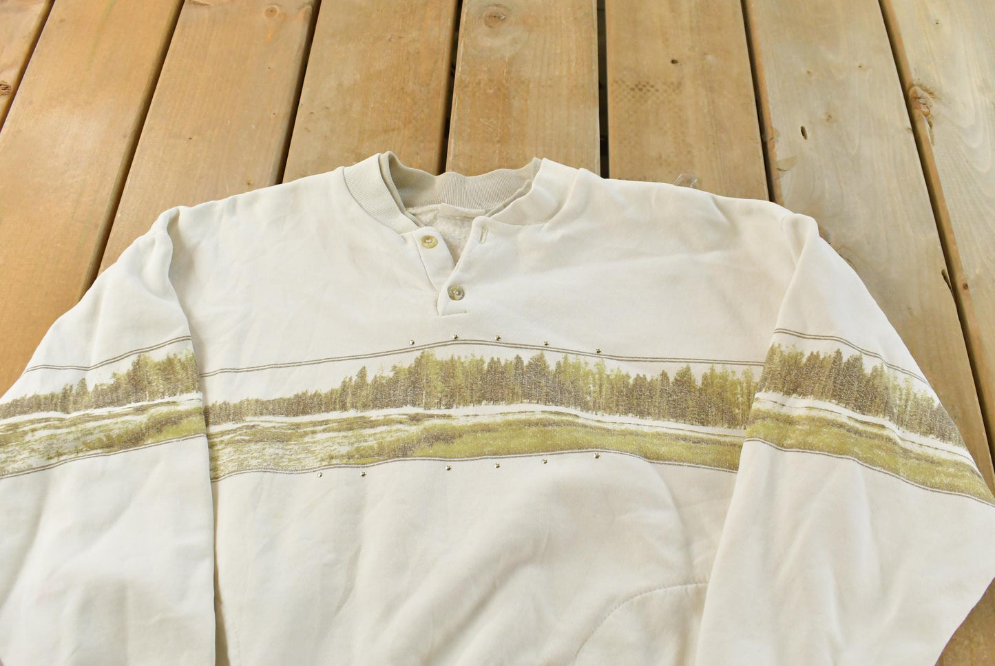 Vintage 1990's Forest Print Henley Sweatshirt ��� All Over Nature Wildlife Trees
