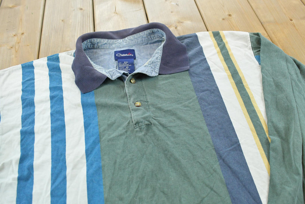 Vintage 1990s Catalina Striped Long Sleeve Polo Shirt Men's 2XL