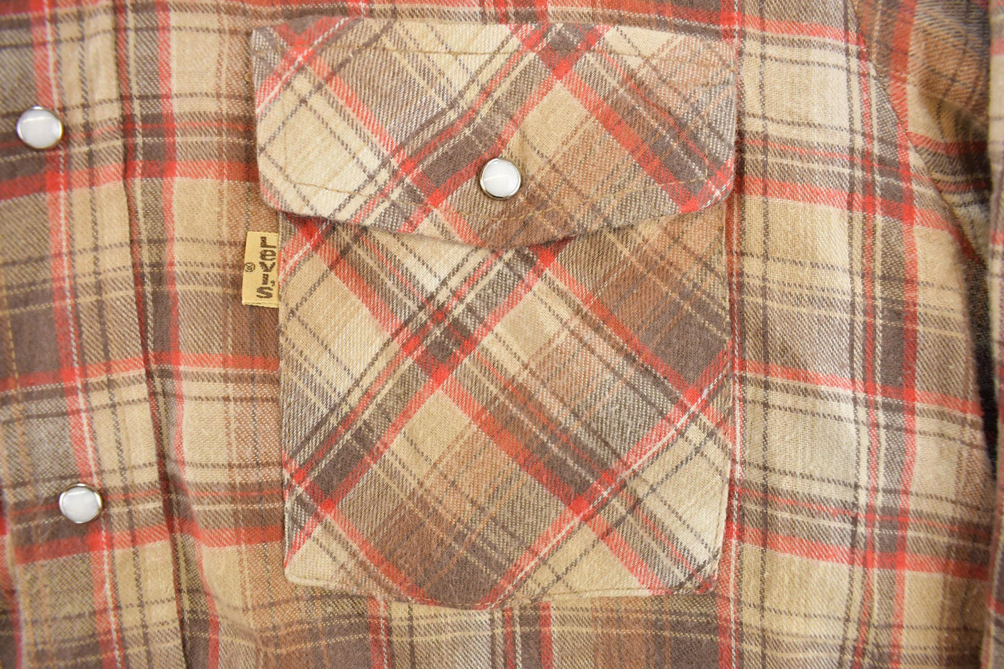 Vintage 1970s Levi's Western Plaid Pearl Snap Flannel Button Up Shirt Men's L