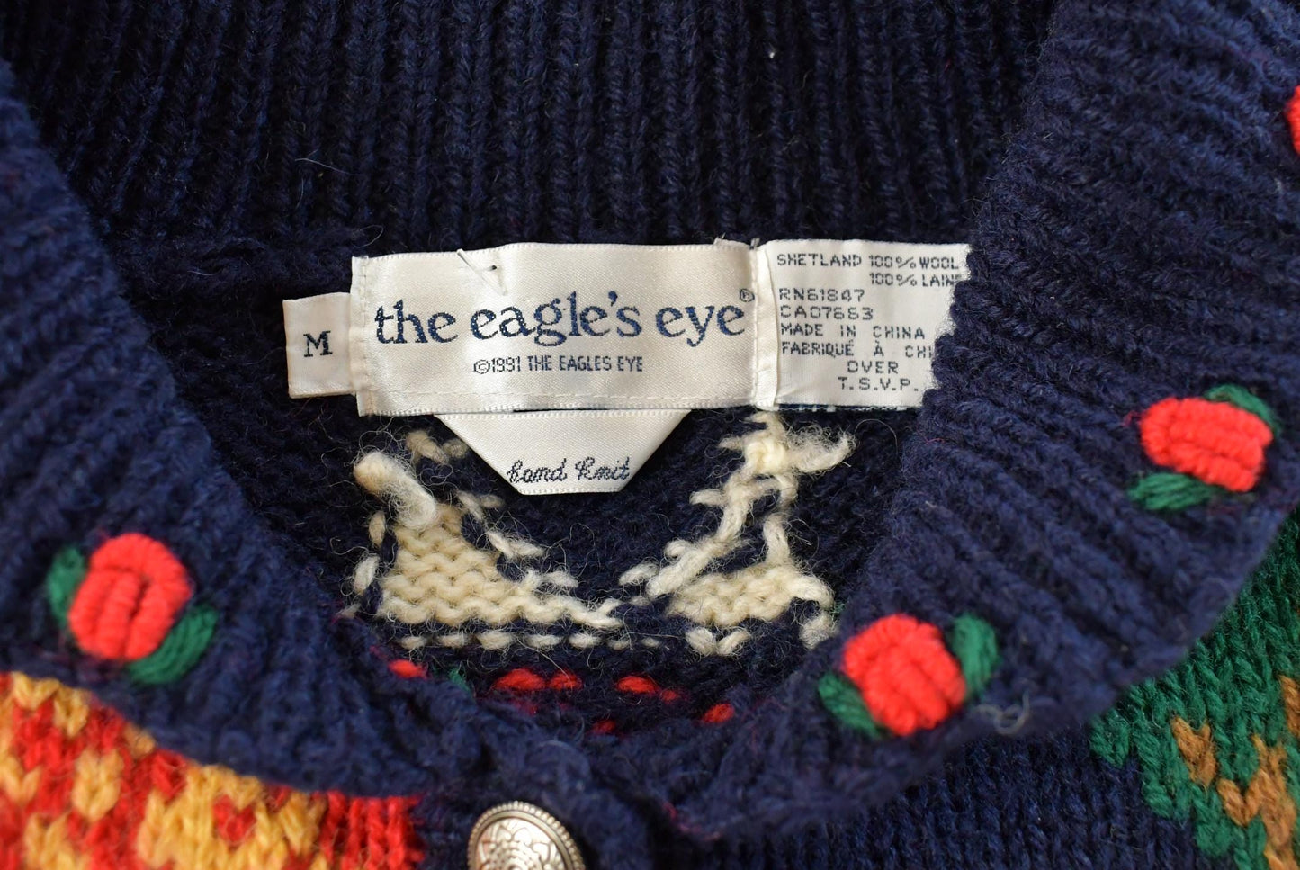 Vintage 1990s Eagles Eye 100% Wool American Flag Granny Square Patchwork Hand Knit Cardigan Sweater Women's M