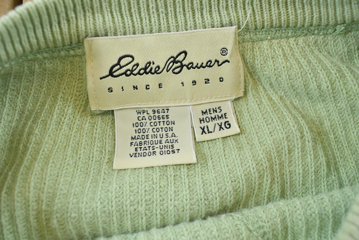 Vintage 1990s Eddie Bauer Light Green Cotton Knit Crewneck Sweater Men's XL Boxy