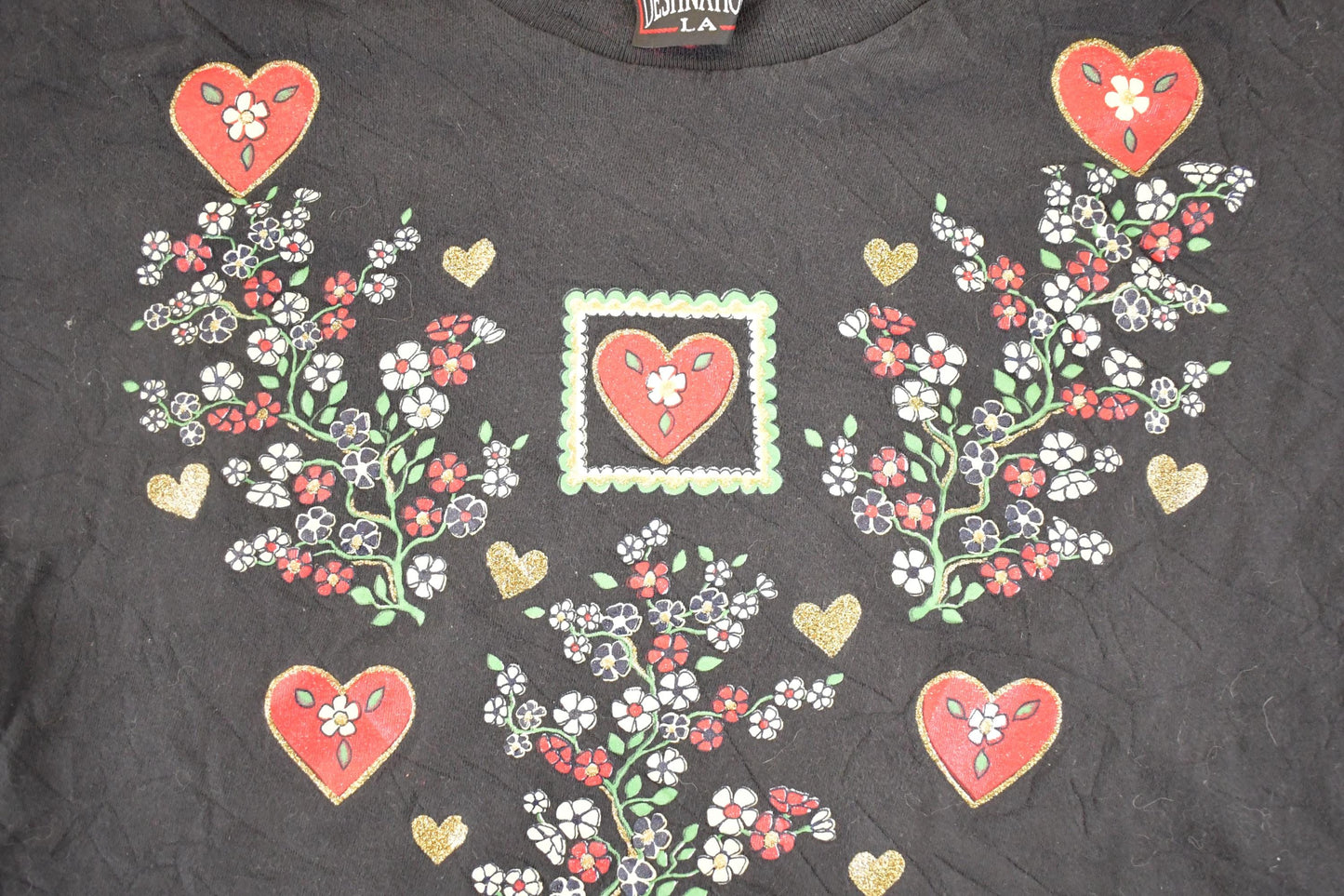 Vintage 1990's Destination LA Floral Hearts Souvenir Travel T-Shirt Women's XXL