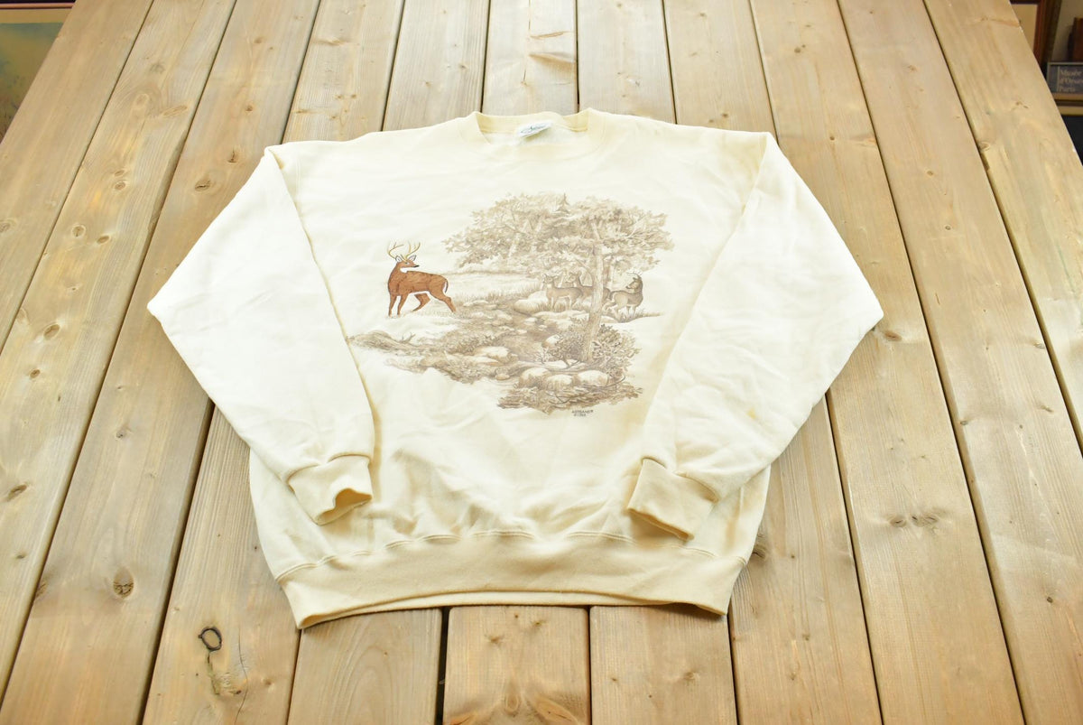 Vintage 1990s Embroidered Deer Crewneck Sweatshirt Men's XL / 90s Streetwear / Artisans / Made in USA / Animals / Hunting Outdoorsman