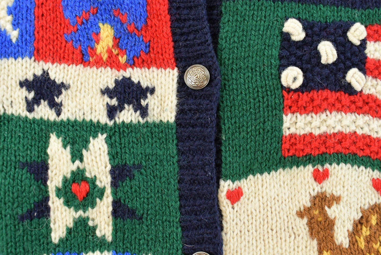 Vintage 1990s Eagles Eye 100% Wool American Flag Granny Square Patchwork Hand Knit Cardigan Sweater Women's M