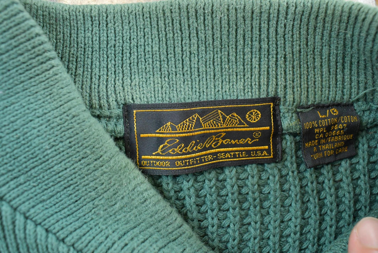 Vintage 1990s Eddie Bauer Henley Collar Quarter Button Cotton Knit Sweater Men's L / 90s Streetwear / Layering