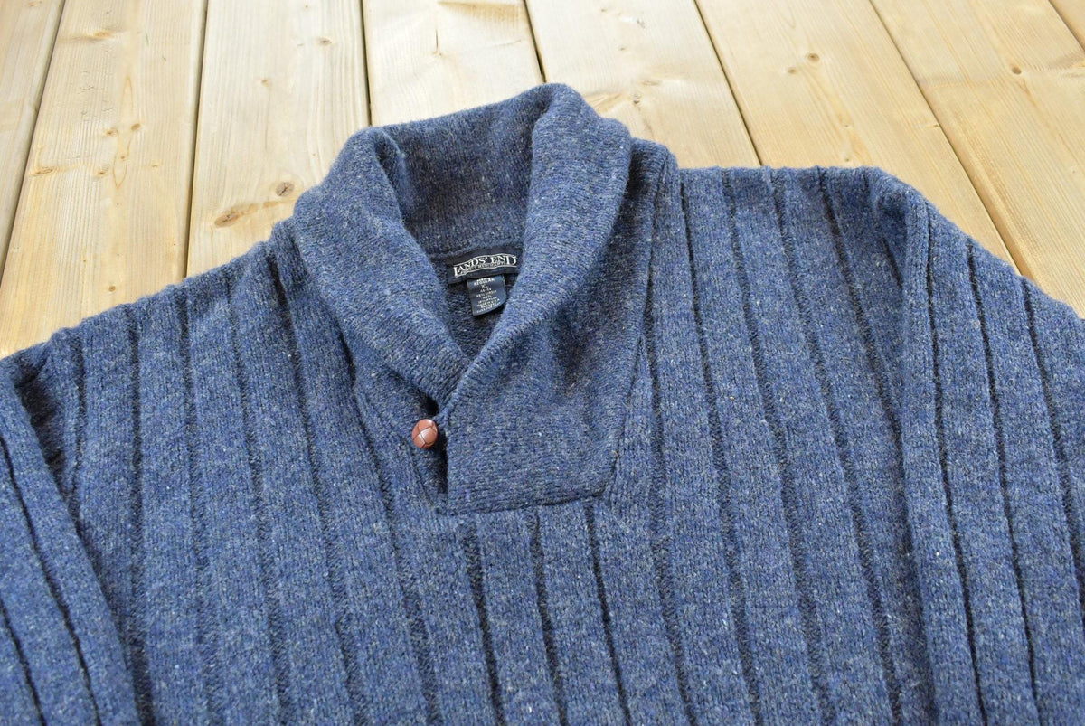 Vintage 1980s Lands' End Shawl Collar Heavyweight Wool Cable Knit Sweater Men's XL