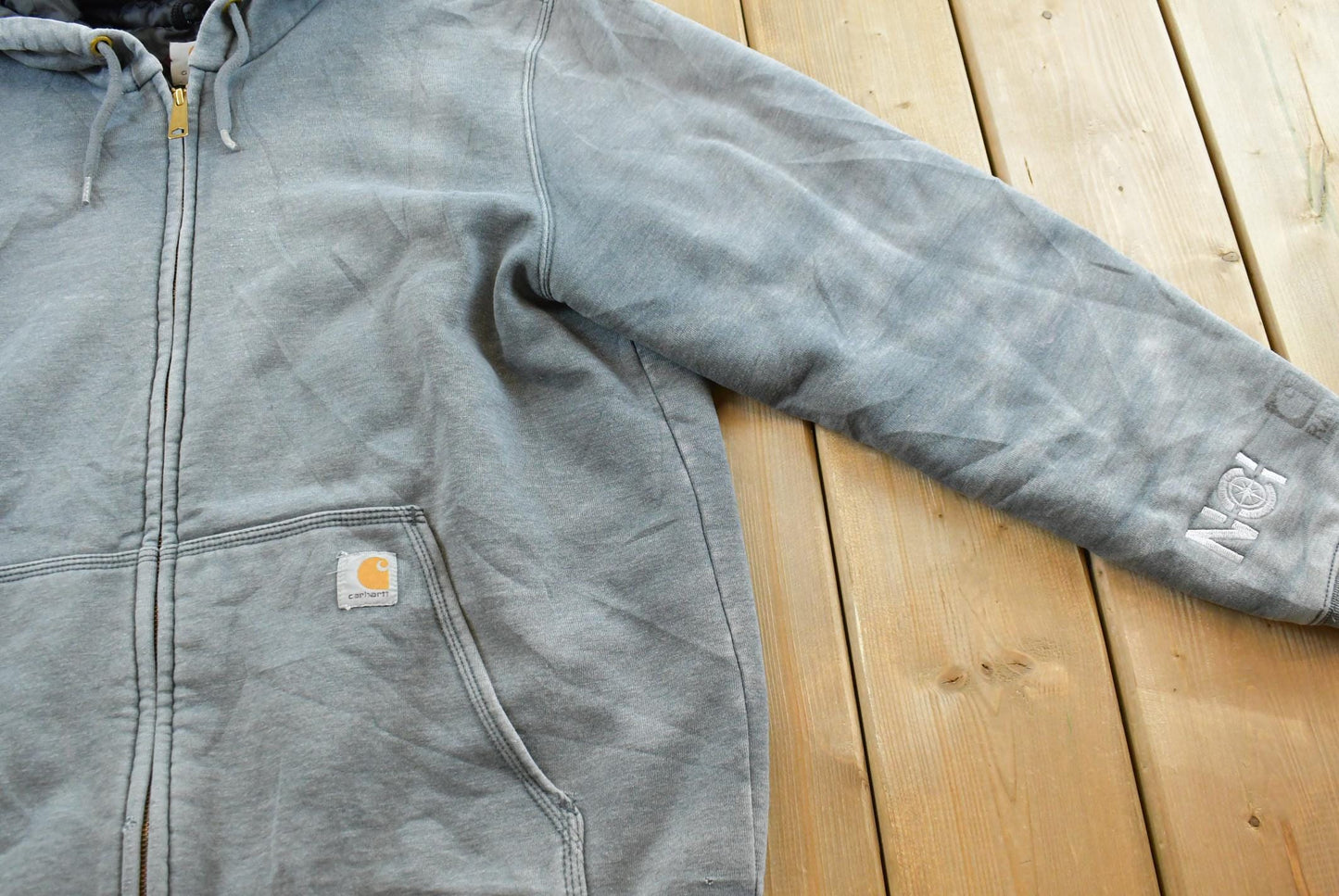 Vintage 1990s Faded Carhartt Full Zip Quilted Lined Hoodie Jacket Sweatshirt Men's XL / 90s Workwear / Heavyweight / Rain Defender