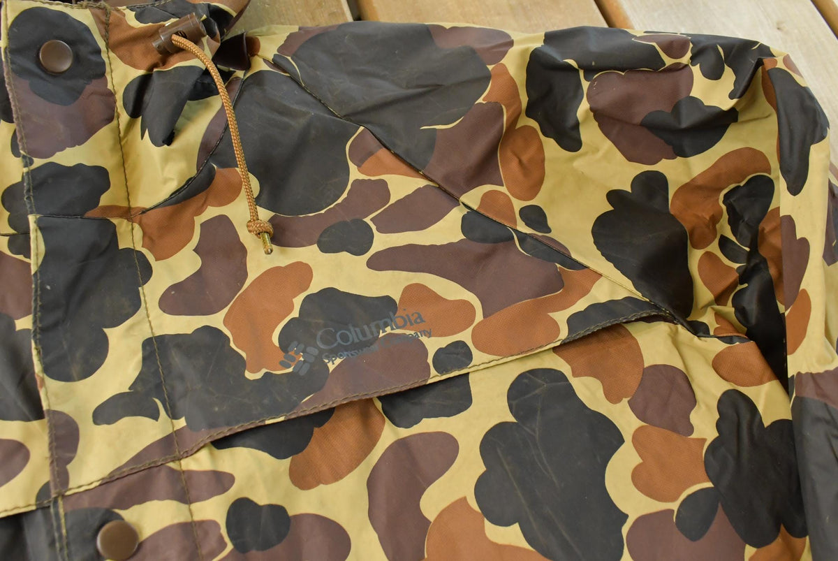 Vintage 1990s Columbia Duck Hooded Camo PVC Rain Jacket Men's XL