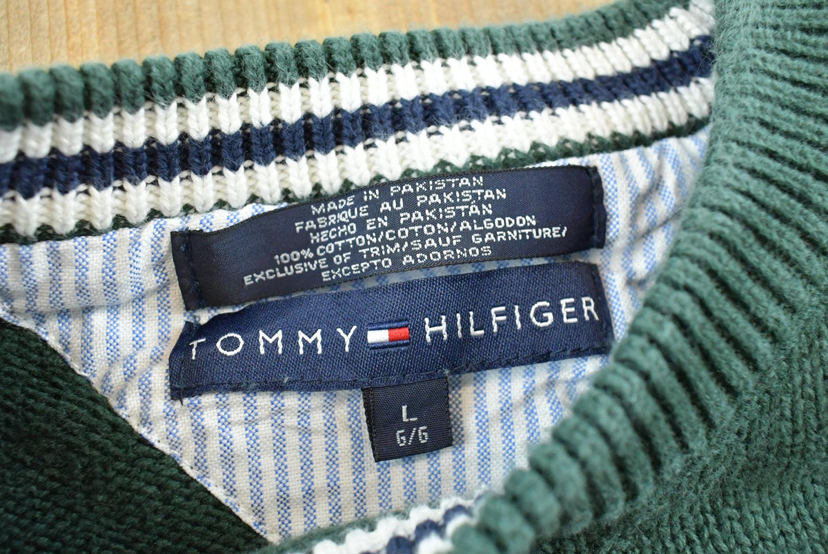 Vintage 1990s Tommy Hilfiger Green Cotton Knit Crest Logo Crewneck Sweater Men's L
