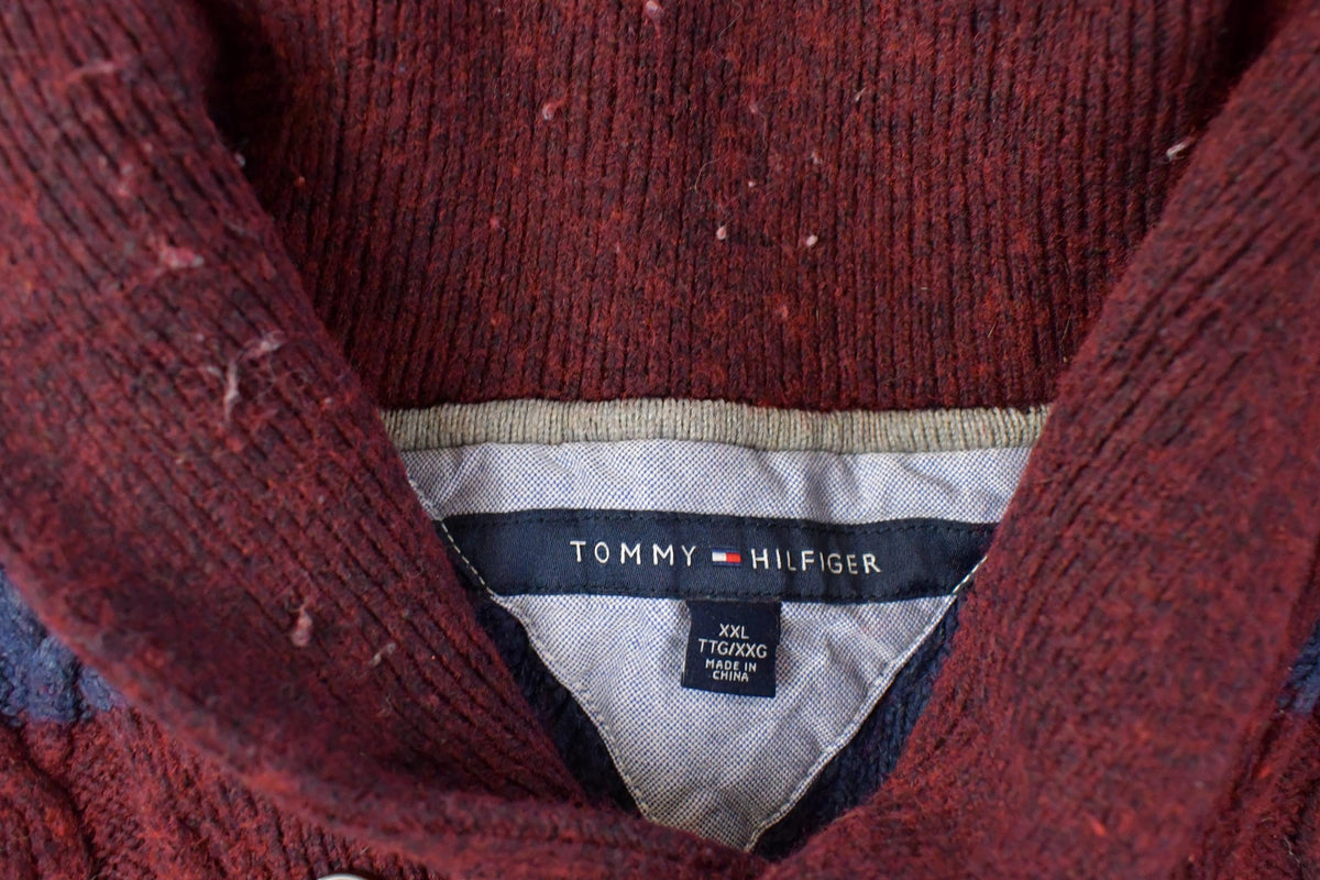 Vintage 2000s Tommy Hilfiger Shawl Collar Wool Cable Knit Sweater Men's 2XL