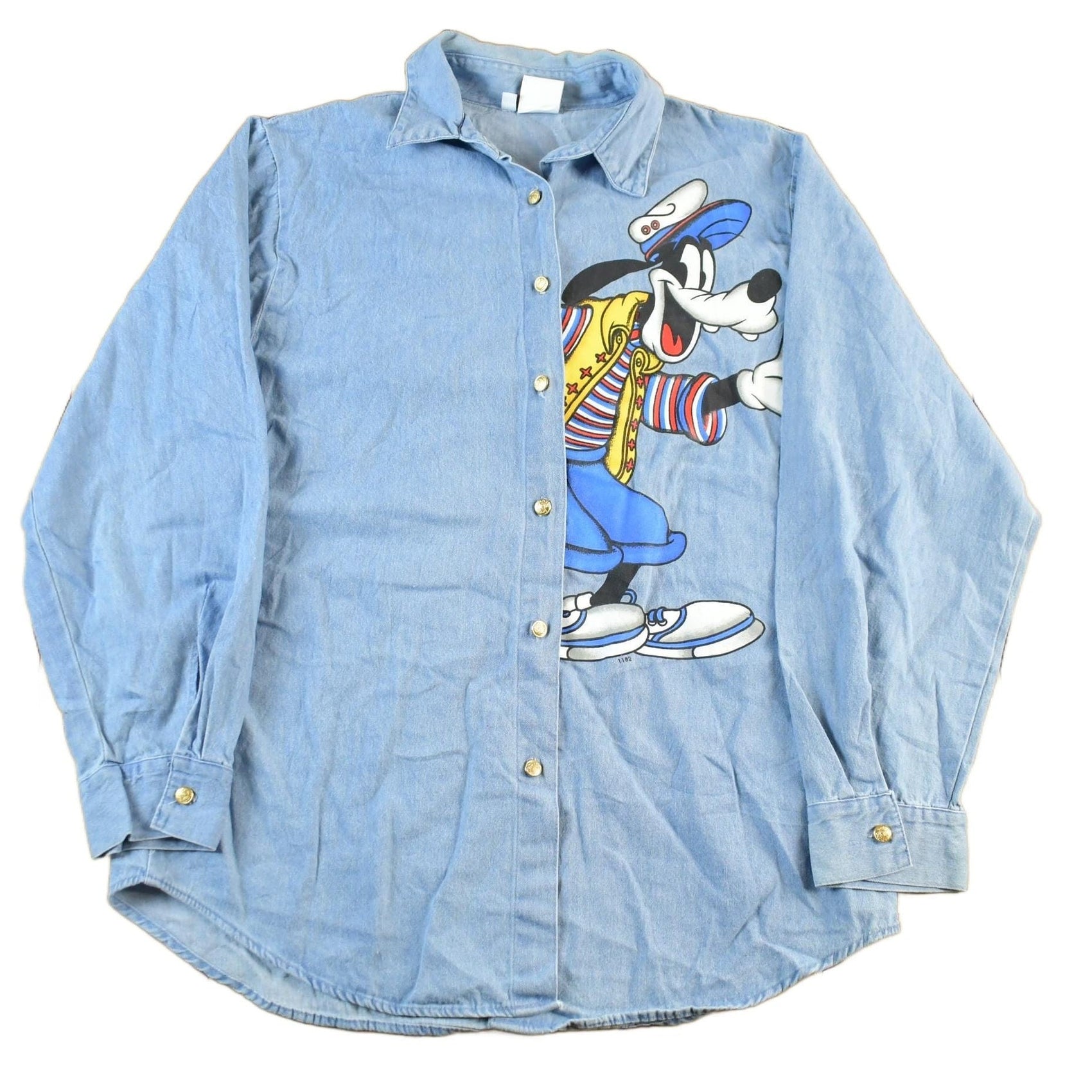 Disney Clothing > Gender Neutral Adult Clothing > Tops & Tees Vintage 1990s Goofy Disney Denim Button Up Shirt Women's Large
