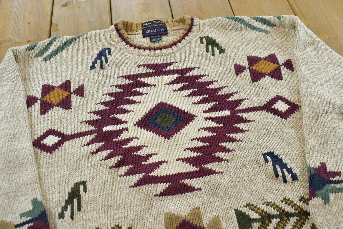 Vintage 1990s Gant Aztec Southwest Cotton Knit Crewneck Pullover Sweater Men's L / 90s Streetwear / Chunky Sweatshirt