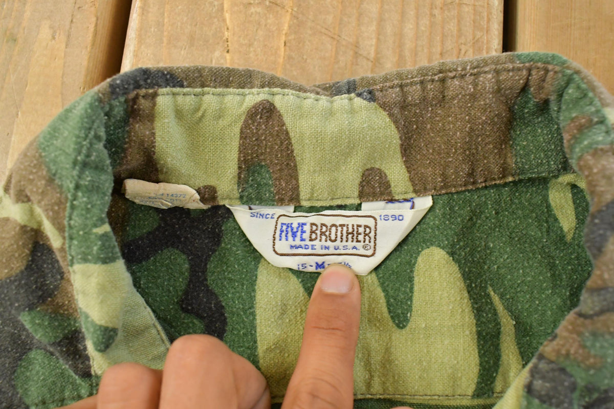 Vintage 1980s Five Brother Woodland Camo Military Button Up Shirt Men's M