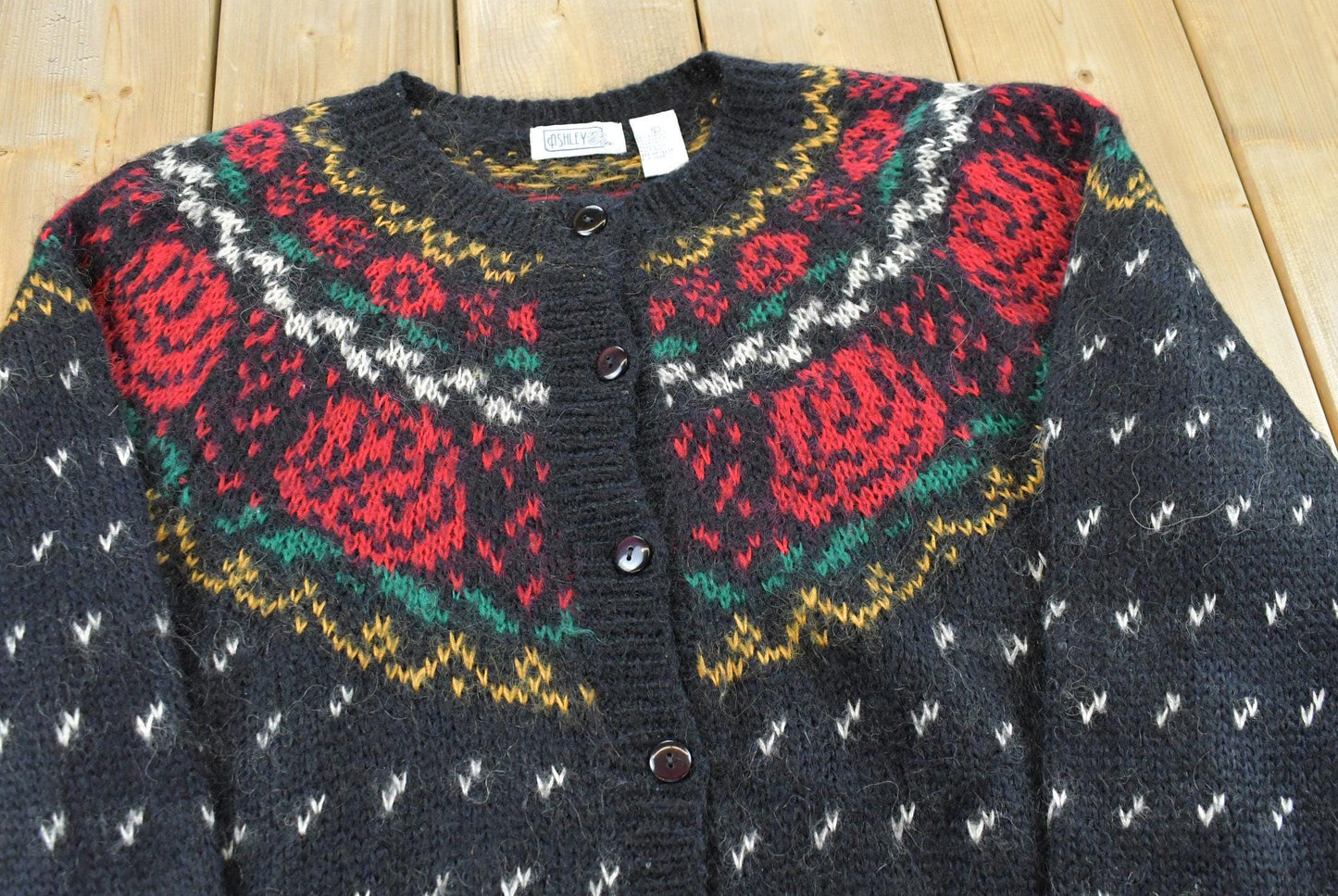 Vintage 1980s Ashley Mohair Blend Roses Button Up Knit Cardigan Sweater Women's XL / Made in Hong Kong / 80s Streetwear