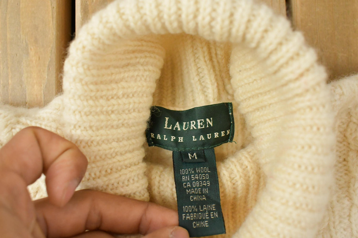 Vintage 1990s Lauren Ralph Lauren Turtle Neck Fisherman Ribbed Wool Knit Sweater Women's M