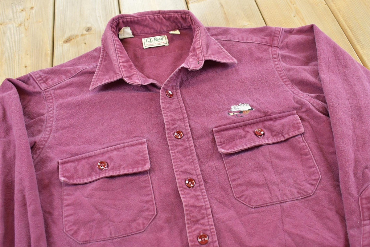 Vintage 1990s L.L. Bean Maroon Chamois Cloth Embroidered Fly Fishing Button Up Shirt Men's L